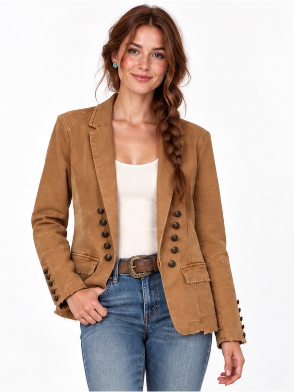 Free People Jagger Military Blazer Distressed Brown Boho Festival Jacket Large